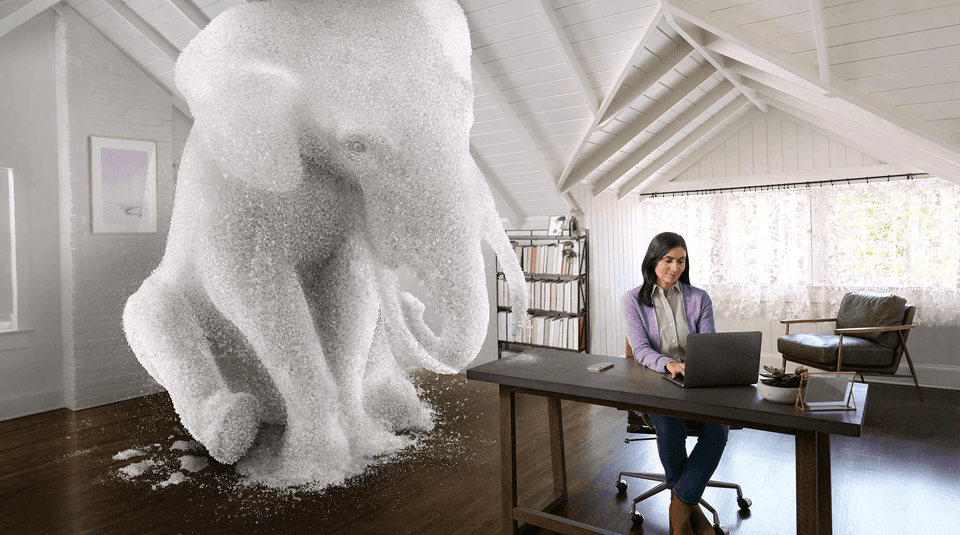 Person working with elephant (made of salt) in the room